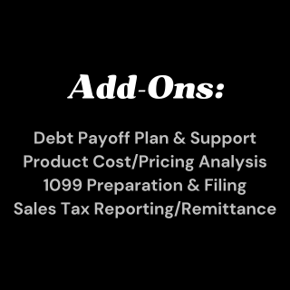 Add-Ons-min Debt Payoff, Product Cost/Pricing Analysis, 1099 Preparation & Filing, Sales Tax Reporting/Remittance